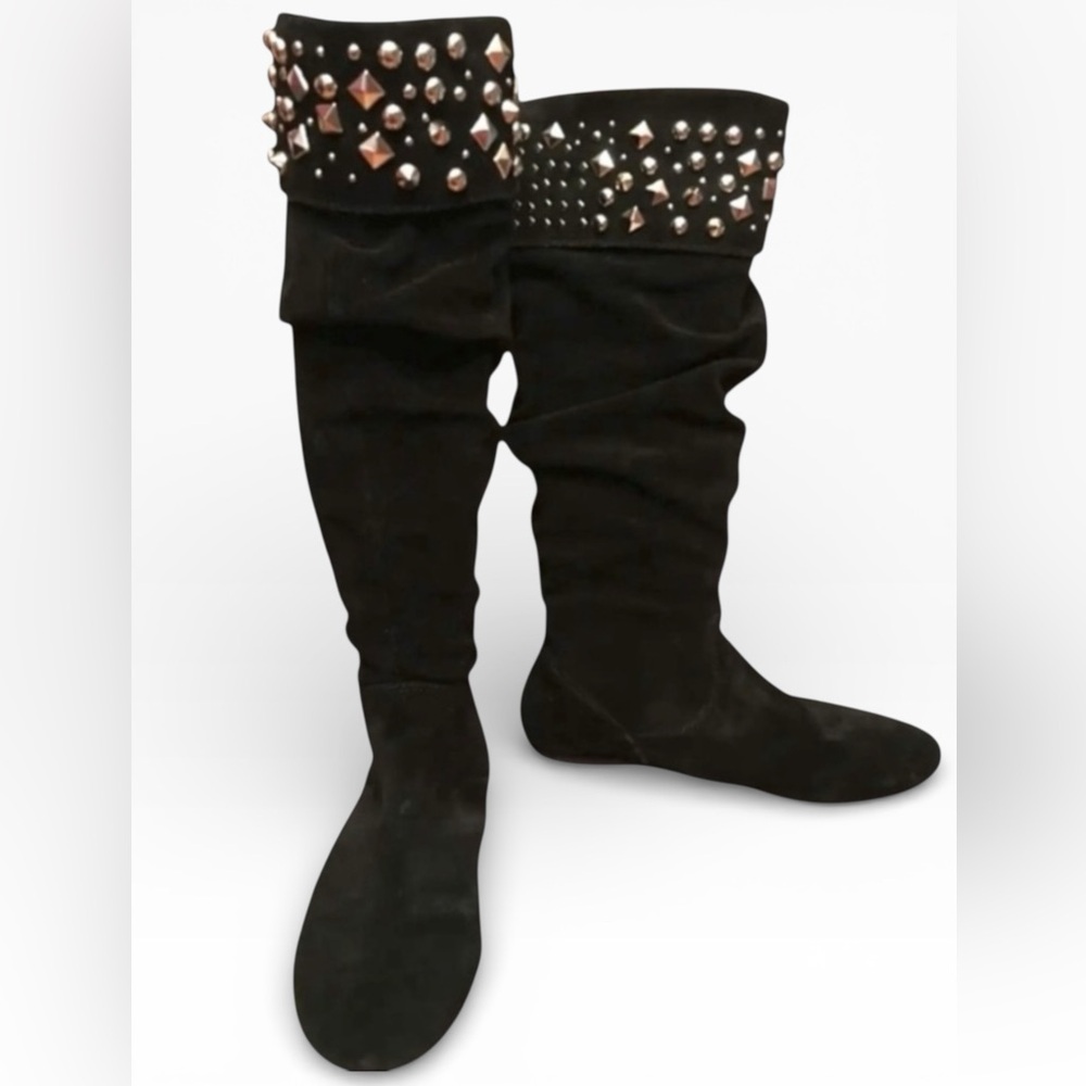 Gianni Bini Black Suede Leather Below Knee Studded Flat Slouch Boots Sz 7.5 EPOC